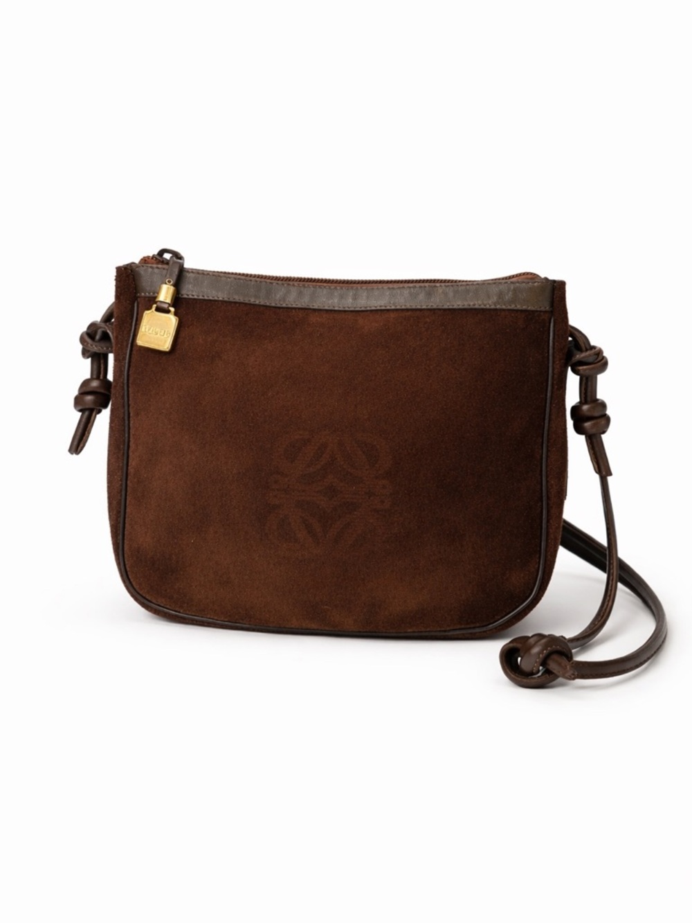 Authentic Loewe Vintage Anagram Suede Crossbody Shoulder Bag Chocolate Brown